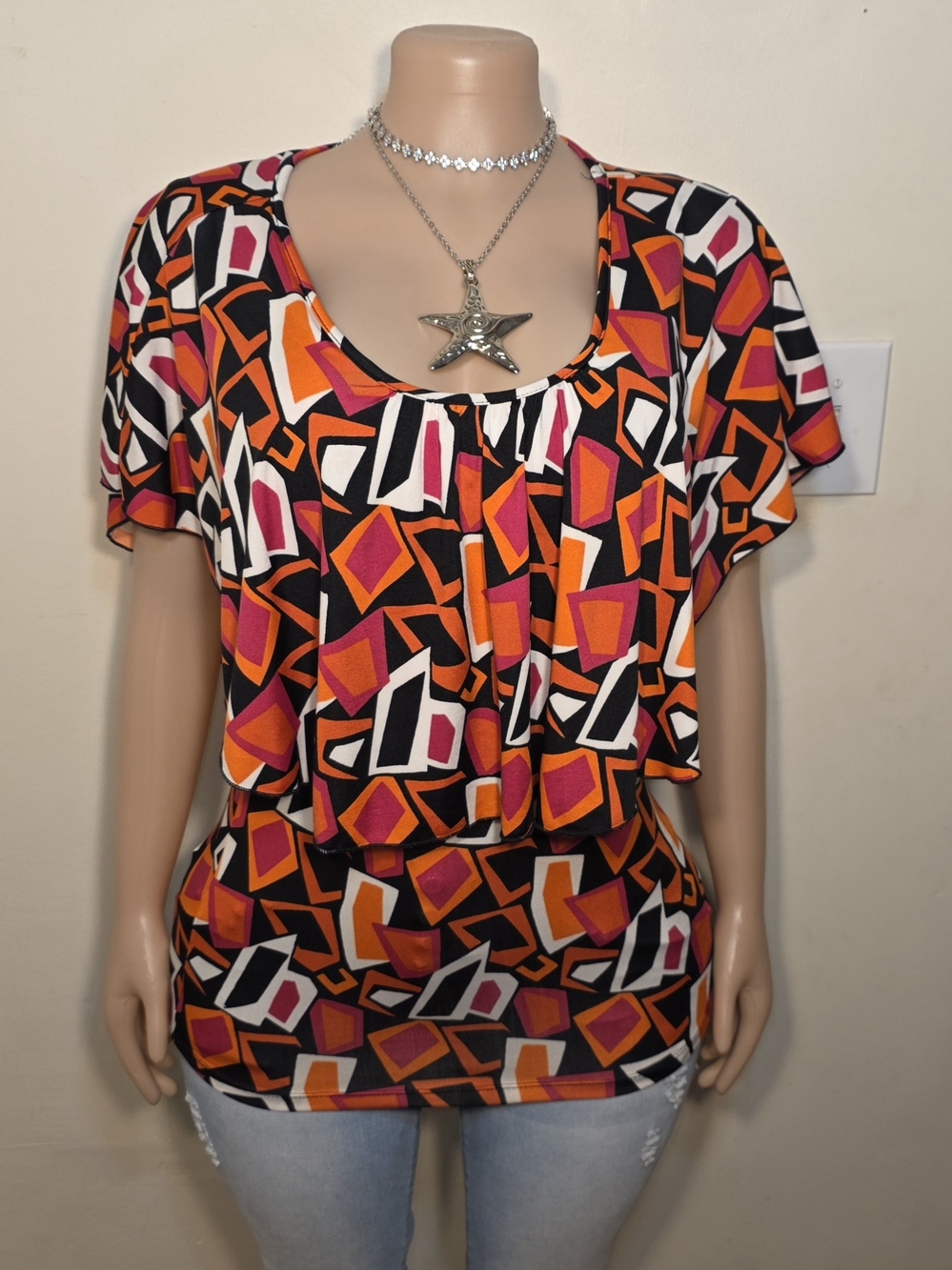 New Directions Black Geometric Print Blouse with Pink & Orange Accents